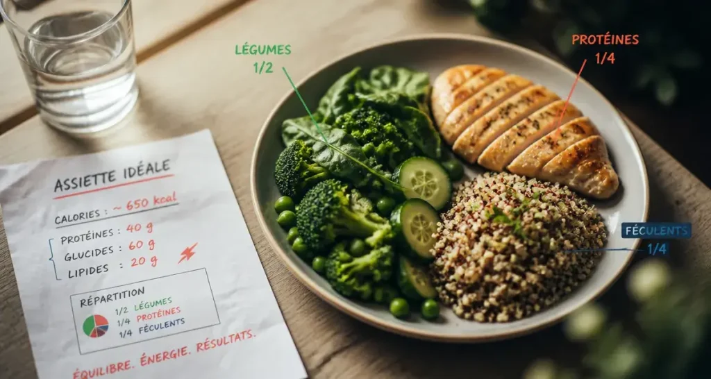 Plan alimentaire pour perte de poids : assiette idéale légumes, protéines, féculents complets