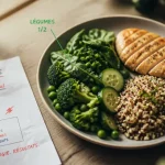Plan alimentaire pour perte de poids : assiette idéale légumes, protéines, féculents complets