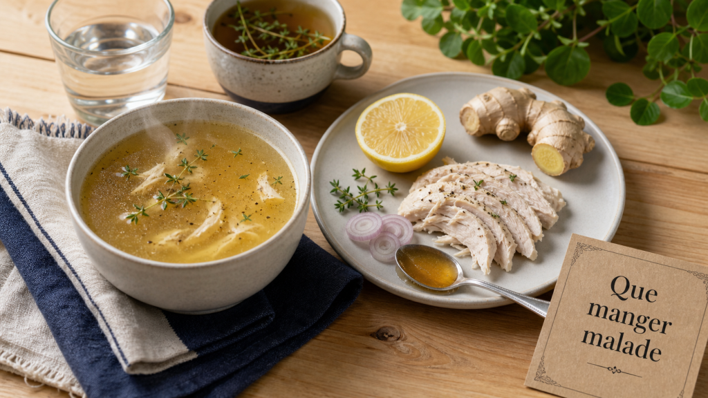 Que manger quand on est malade : bouillon de poulet, miel, citron et gingembre