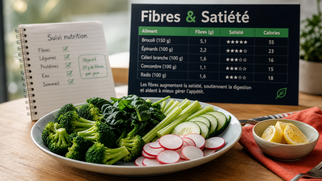 Quel légume pour maigrir vite : assiette de légumes brûle-graisses (brocoli, épinards, céleri, concombre, radis)