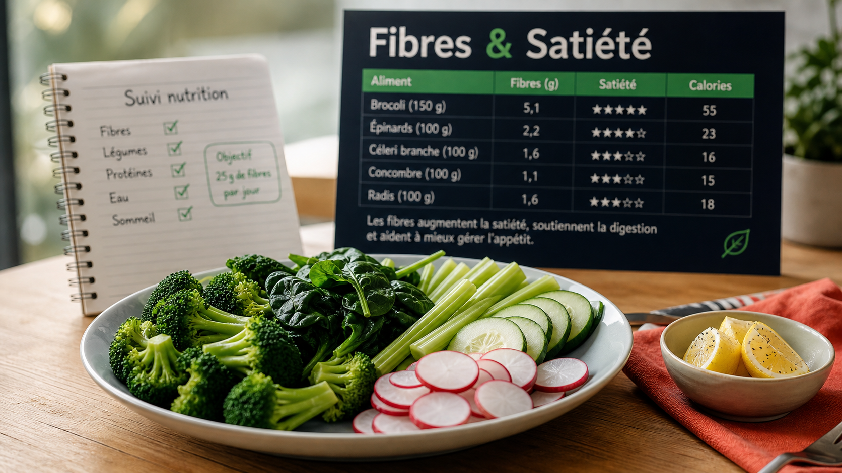 Quel légume pour maigrir vite : assiette de légumes brûle-graisses (brocoli, épinards, céleri, concombre, radis)