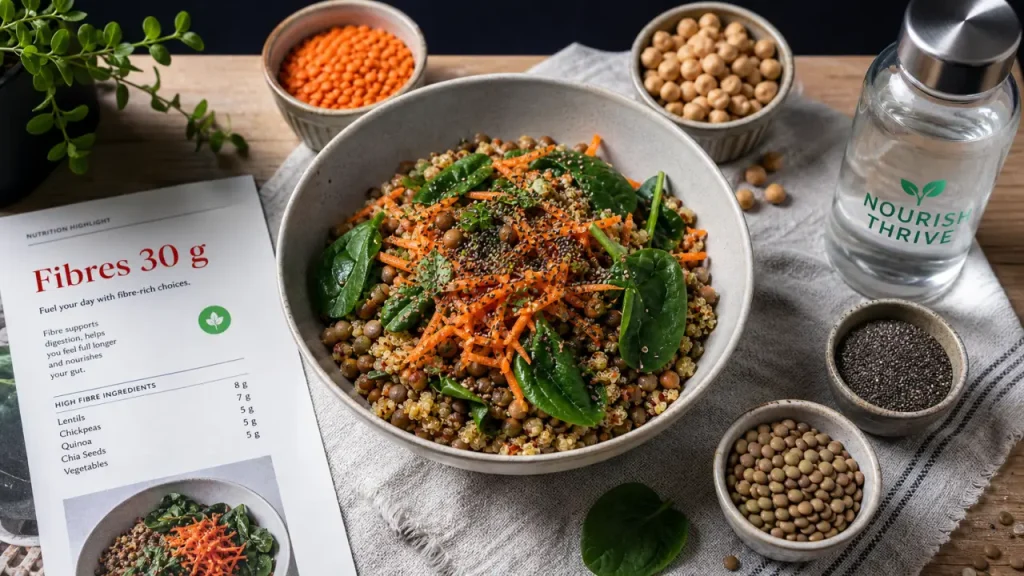 30 g fibres par jour, combien de gramme de fibre par jour ? bowl quinoa-lentilles