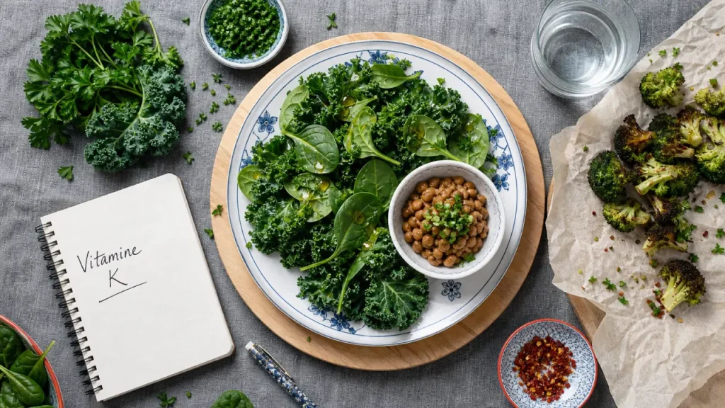 Aliments riches en vitamine k1 k2 k3 : kale, épinards, natto, brocoli