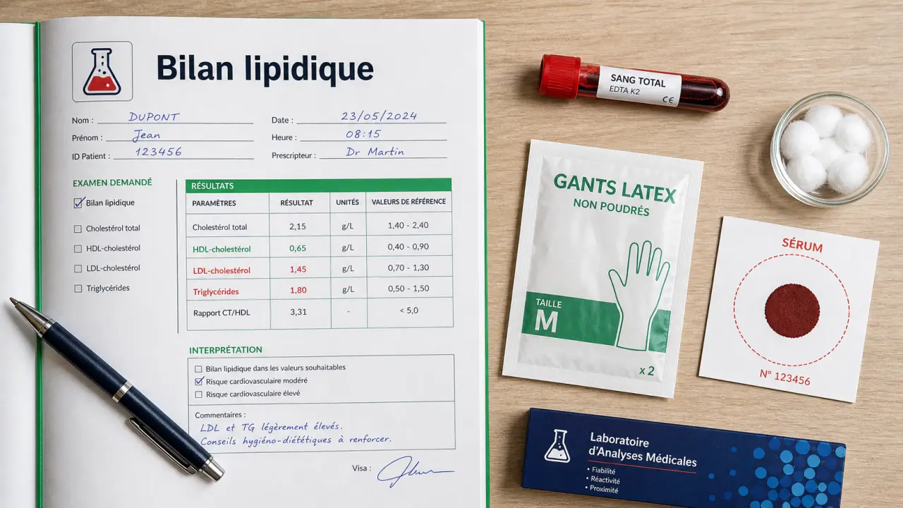 Bilan lipidique prise de sang : jeûne 12h, LDL à surveiller