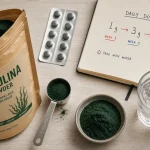 Combien de spiruline par jour pour maigrir : 1 g puis 3 à 5 g, poudre et doseur sur table