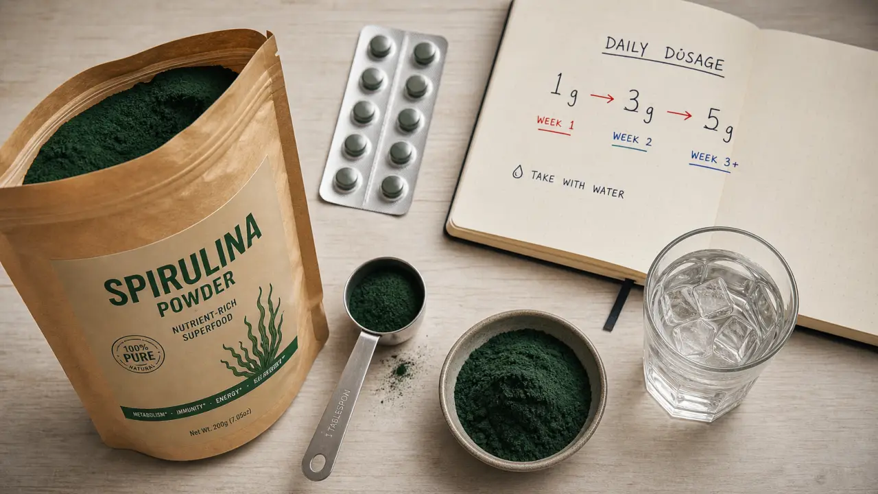 Combien de spiruline par jour pour maigrir : 1 g puis 3 à 5 g, poudre et doseur sur table