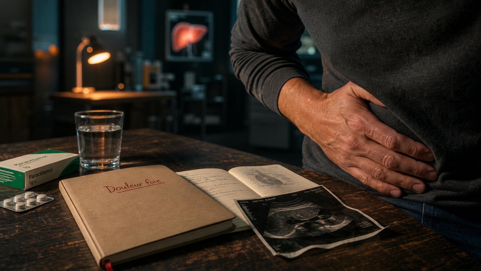 Douleurs cote droit foie : carnet et échographie abdominale
