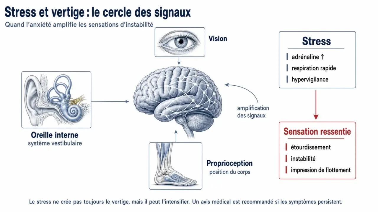 Stress vertige : schéma du lien entre oreille interne, respiration rapide et sensation d’instabilité