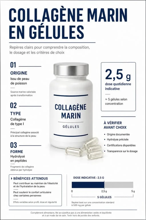 Infographie sur le collagène marin en gélules : composition, dosage et bénéfices