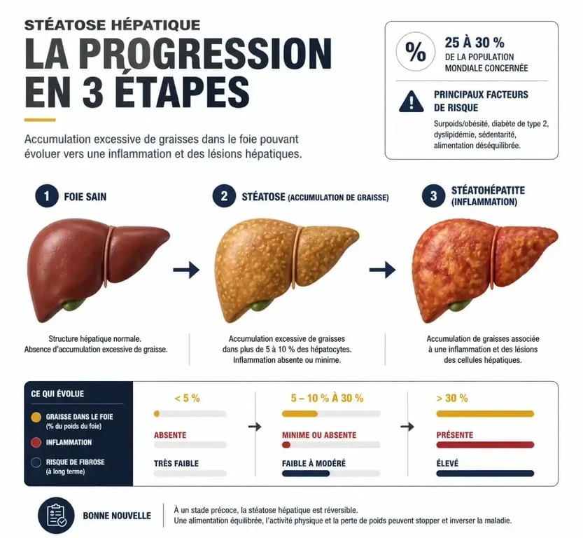Schéma explicatif de la progression de la graisse dans le foie et de la stéatose hépatique
