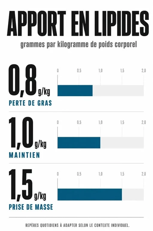 Infographie montrant les recommandations d'apport en lipides par kg de poids corporel selon l'objectif nutritionnel
