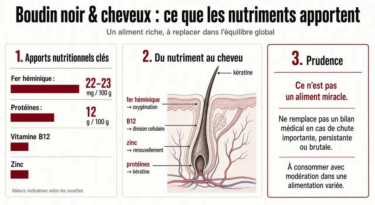 Boudin noir bienfaits cheveux : fer, vitamine B12, zinc et protéines