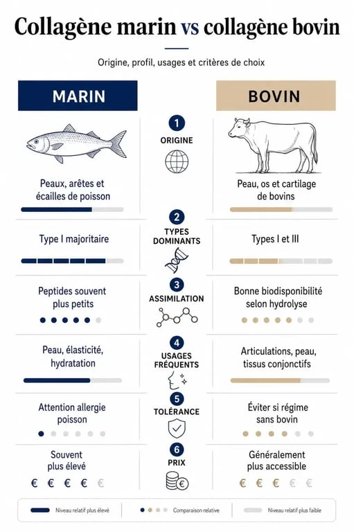 Différence collagene marin et bovin : comparatif visuel des origines, usages, tolérance et prix
