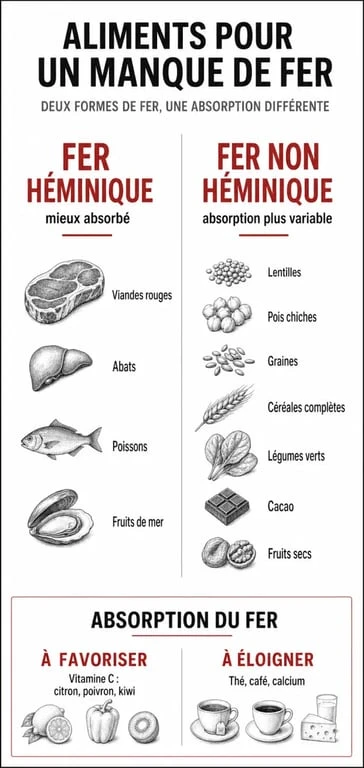 Aliment pour manque de fer : infographie sur le fer héminique, le fer végétal et les associations qui améliorent l’absorption