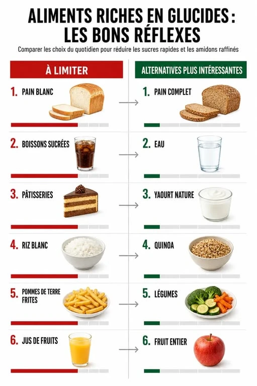 Aliments riches en glucides à éviter : infographie santé avec alternatives plus rassasiantes