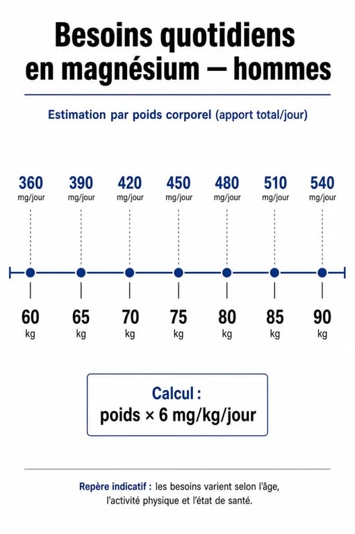 Infographie des besoins quotidiens en magnésium pour homme selon le poids