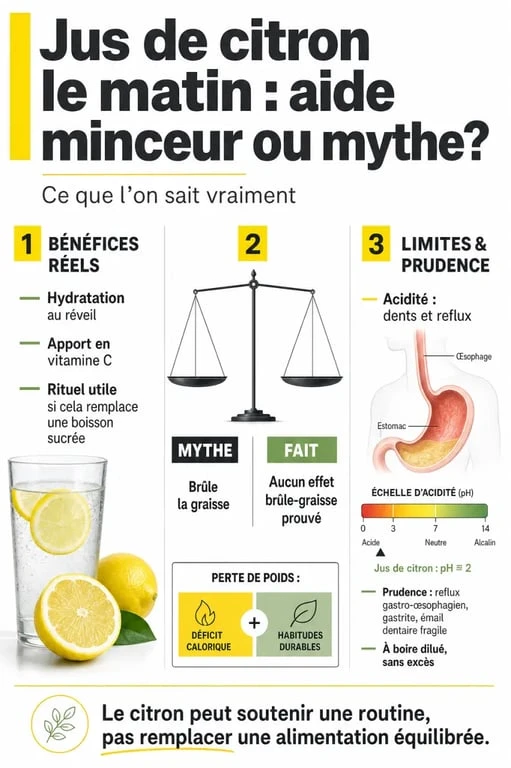 Jus de citron le matin pour maigrir avis : infographie sur les bienfaits réels et les limites