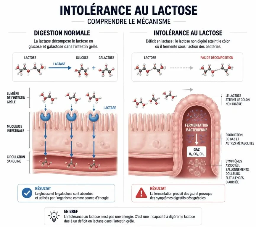Schéma explicatif du mécanisme de l'intolérance au lactose et de ses effets sur la digestion