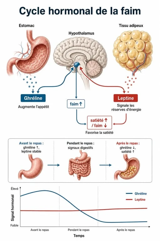 Schéma explicatif du cycle hormonal de la faim : ghréline et leptine pour comprendre la sensation de faim permanente à l'estomac