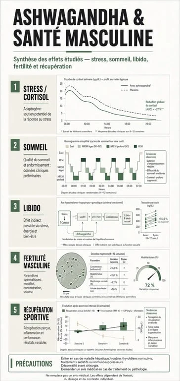 Infographie sur les bienfaits de l’ashwagandha chez l’homme : stress, sommeil, libido, fertilité et récupération
