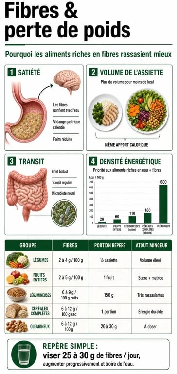 Infographie sur les aliments riches en fibres pour maigrir, avec leurs effets sur la satiété et la perte de poids