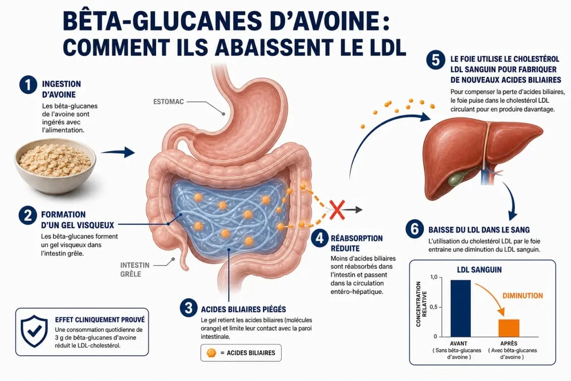 Infographie explicative sur le mécanisme d'action des flocons d'avoine et la réduction du cholestérol LDL par les bêta-glucanes.