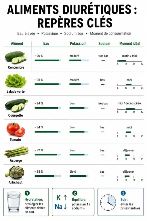 Aliments diurétiques : infographie des légumes riches en eau et en potassium, avec conseils de consommation