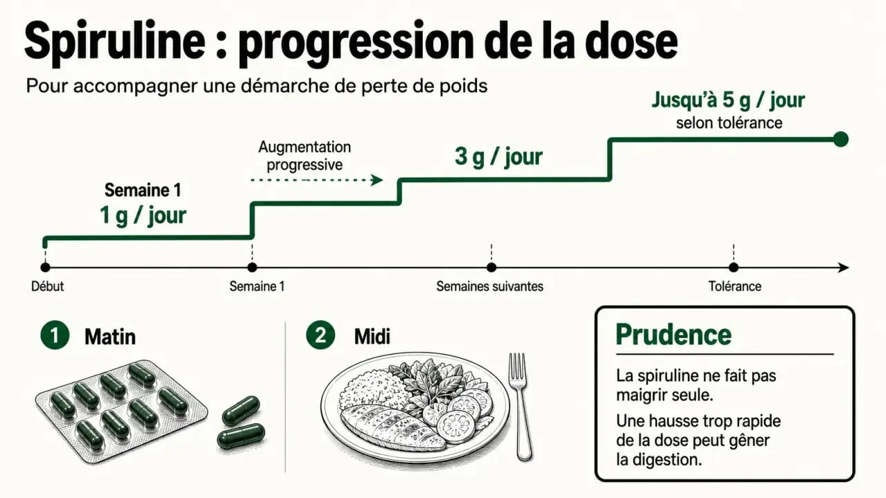 Combien de spiruline par jour pour maigrir : schéma dosage de 1 g à 5 g et moments de prise