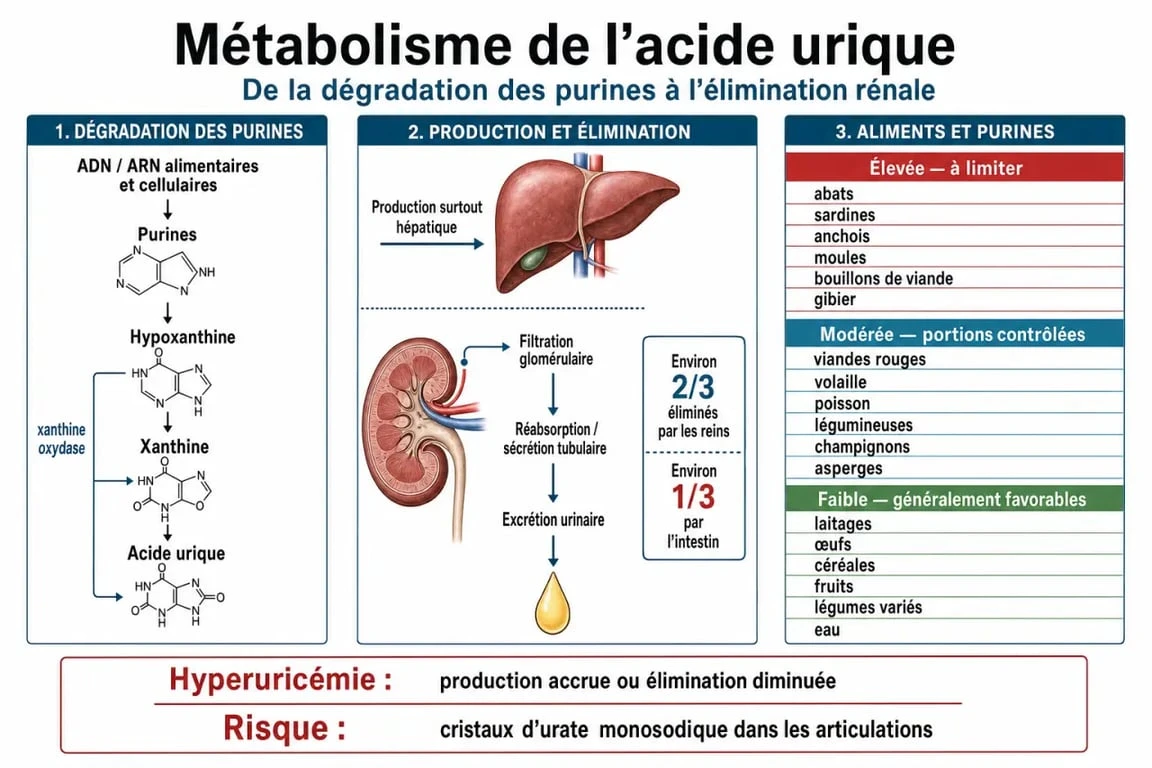 Infographie sur l'alimentation pour crise de goutte et la gestion des purines