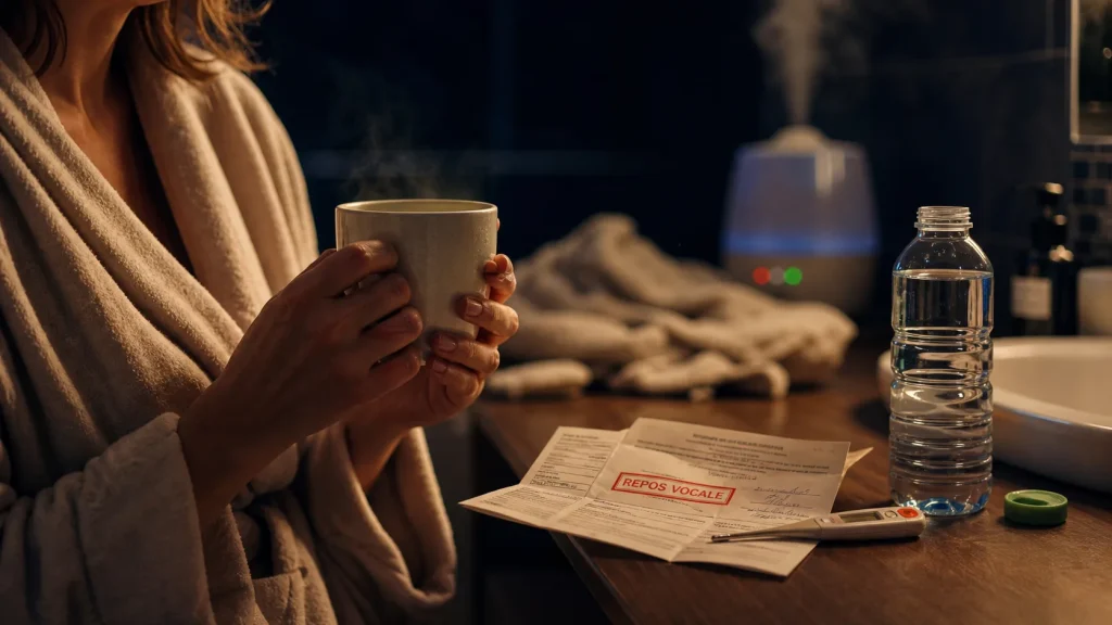 Extinction de voix que faire : repos vocal, tisane tiède, hydratation