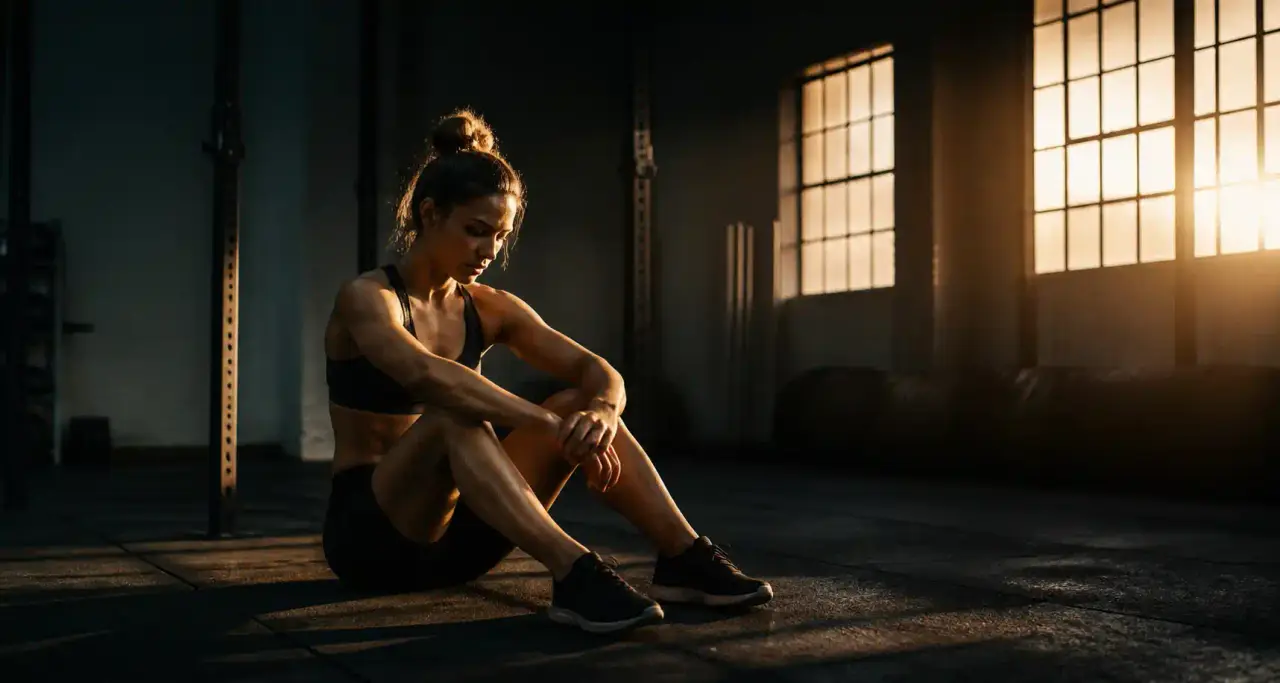 Sportif concentré en préparation mentale avant un entraînement, lumière cuivrée