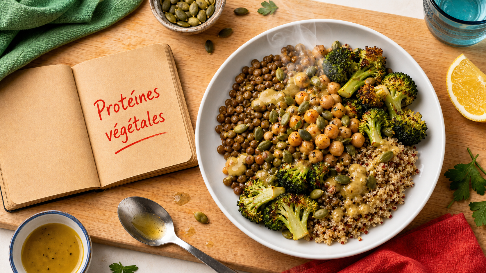 Legumes riches en proteines : lentilles, pois chiches, brocoli et quinoa