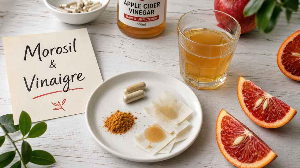 Morosil vinaigre de cidre avis : gélules et vinaigre de cidre sur table}}