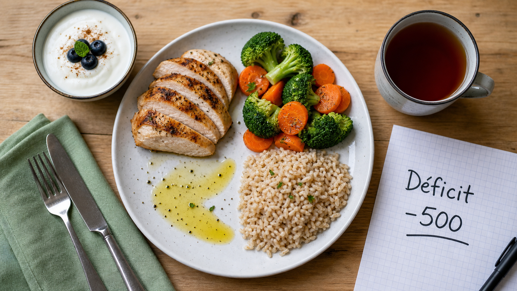 Nutrition perdre du poids : déficit -500 kcal, assiette équilibrée et calcul calories