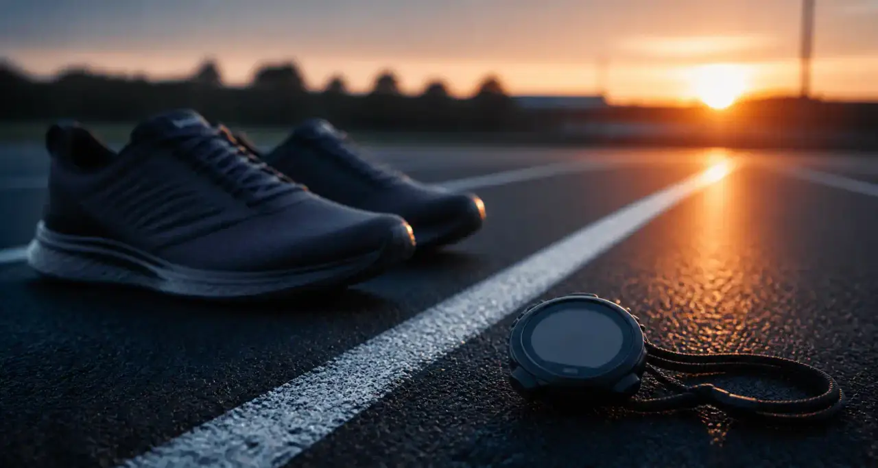 Chaussures de sport et chronomètre sur une piste d'athlétisme à l'aube