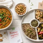 Sources de proteines vegetales : bol de dahl, pois chiches et tofu, avec B12