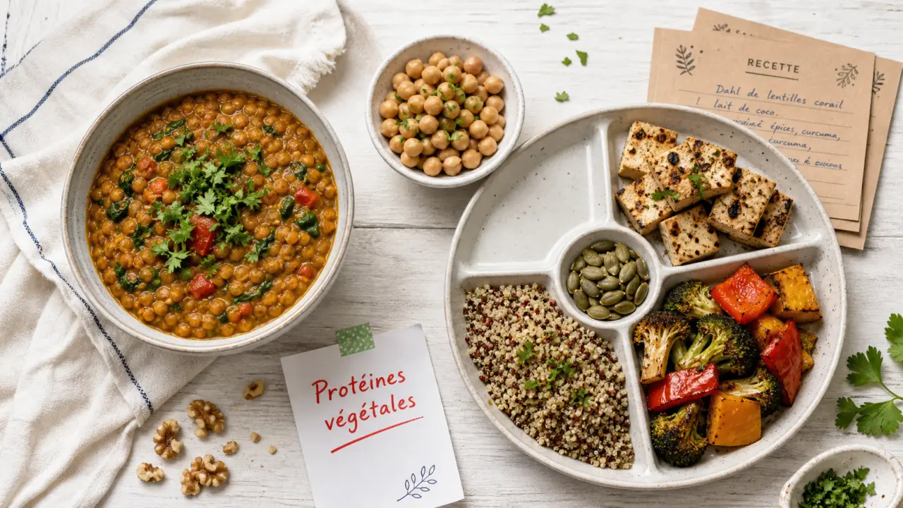 Sources de proteines vegetales : bol de dahl, pois chiches et tofu, avec B12
