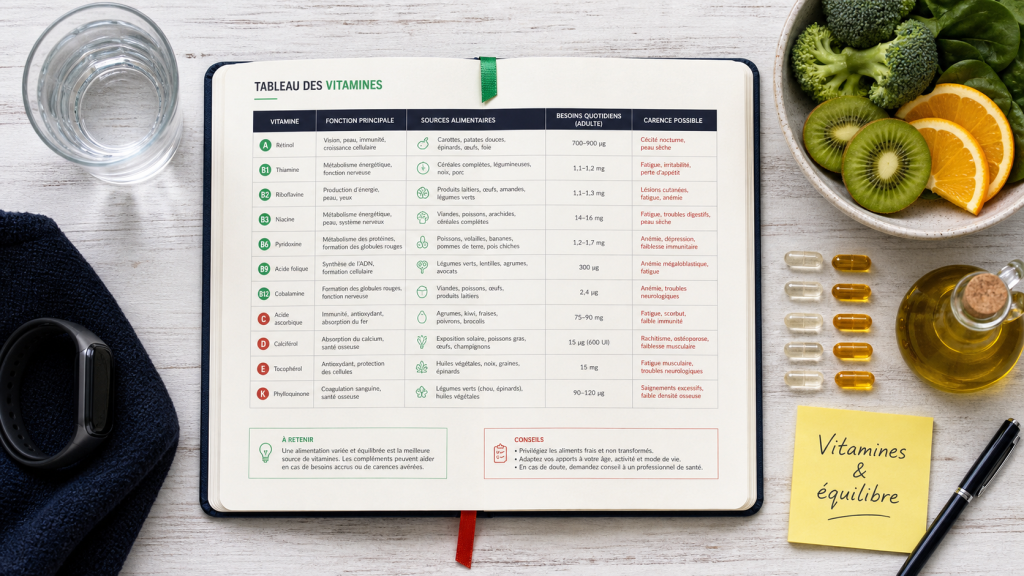 Tableau des vitamines et leurs fonctions : repères carences et excès