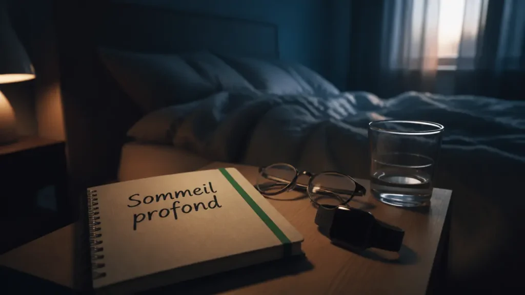 Absence de sommeil profond traitement : carnet, montre et chambre sombre au matin