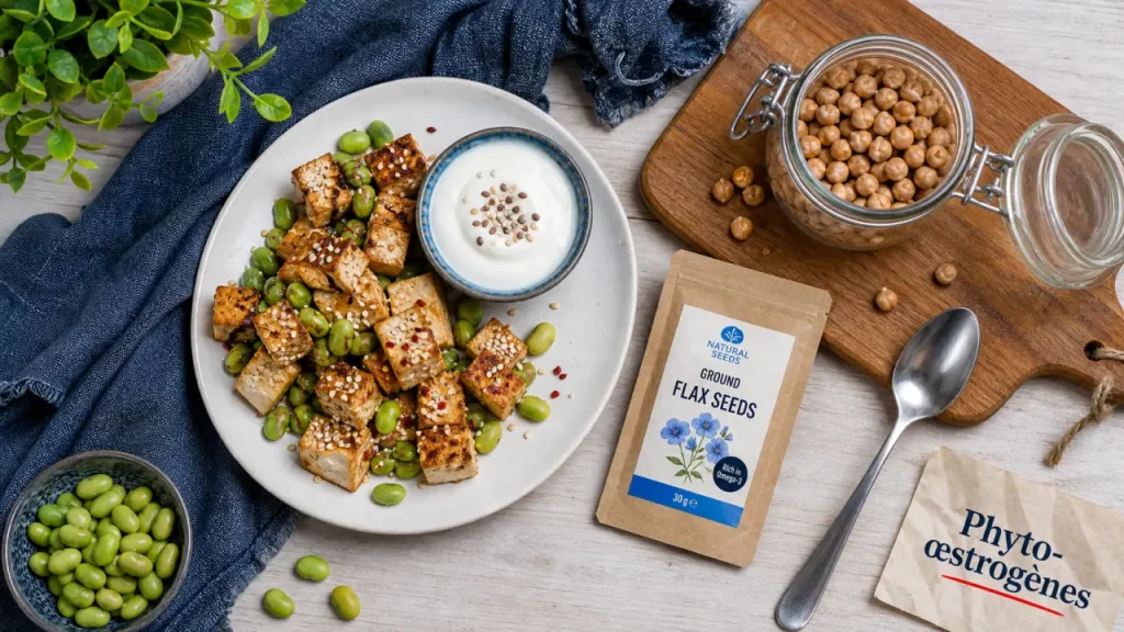 Aliments riches en oestrogenes : tofu, edamame, graines de lin, pois chiches