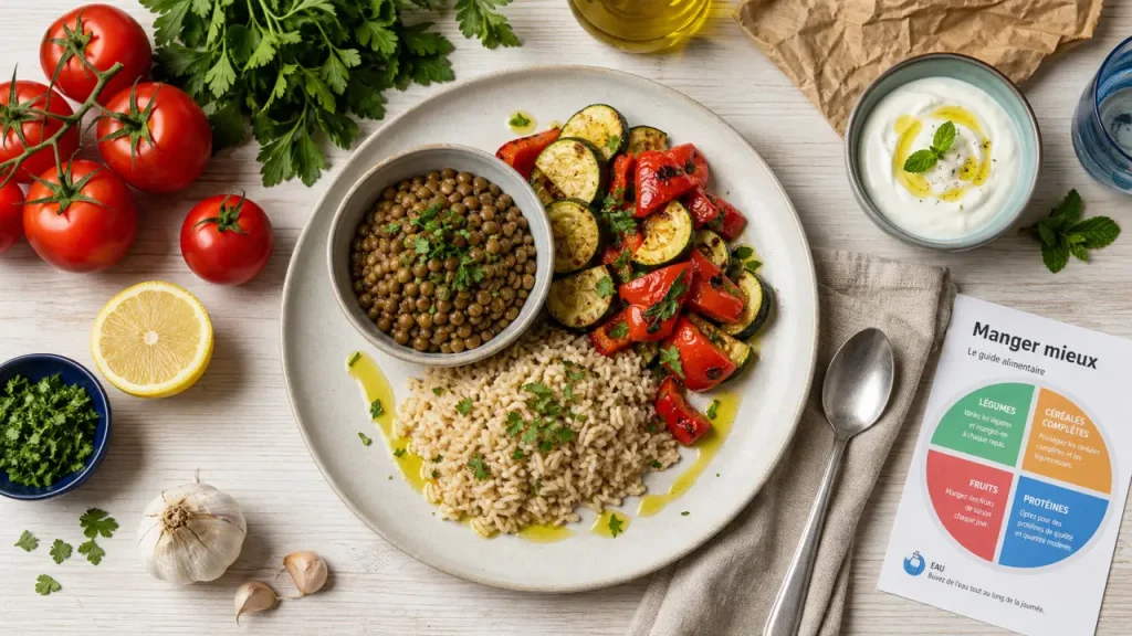 Conseils en nutrition : repas végétaux avec lentilles et riz complet