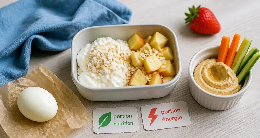 Encas sain : boîtes protéines, fibres et portions (fromage blanc, avoine, œuf, houmous)
