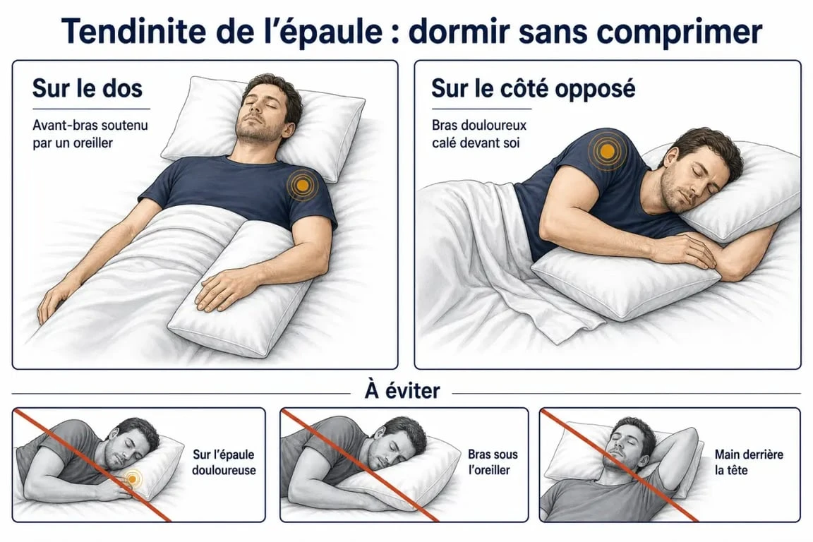 Position pour soulager tendinite épaule : dormir sur le dos ou sur le côté opposé avec le bras soutenu, et éviter les mauvaises postures