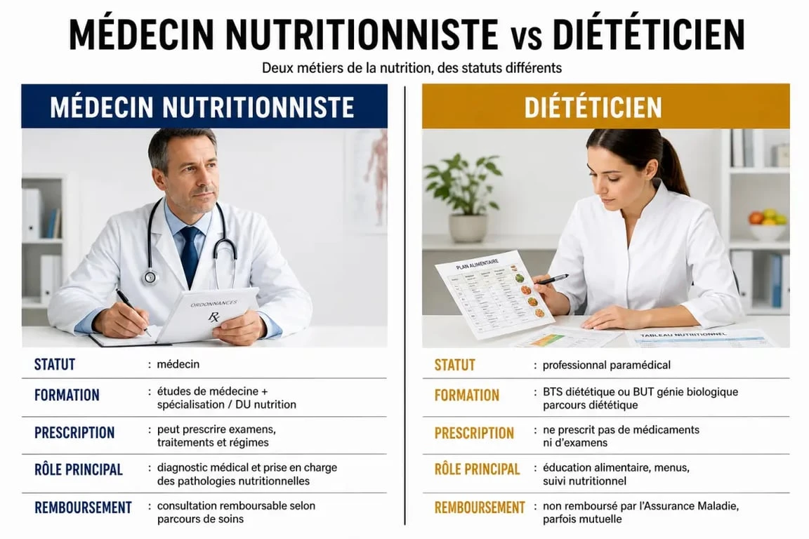 nutritionniste vs diététicien : comparaison visuelle du statut, de la formation, de la prescription et du rôle