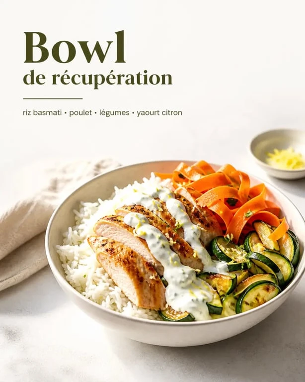 Plat sportif bowl de récupération au riz, poulet et légumes