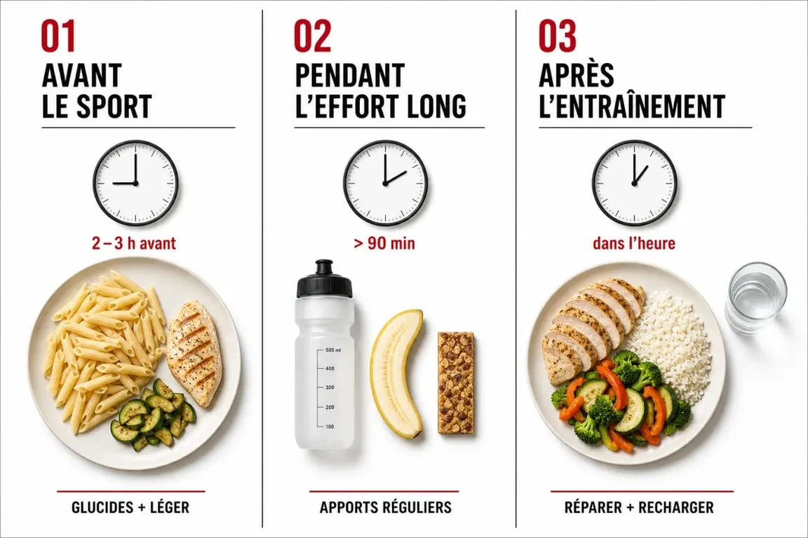 Plat sportif avant, pendant et après le sport en illustration éditoriale