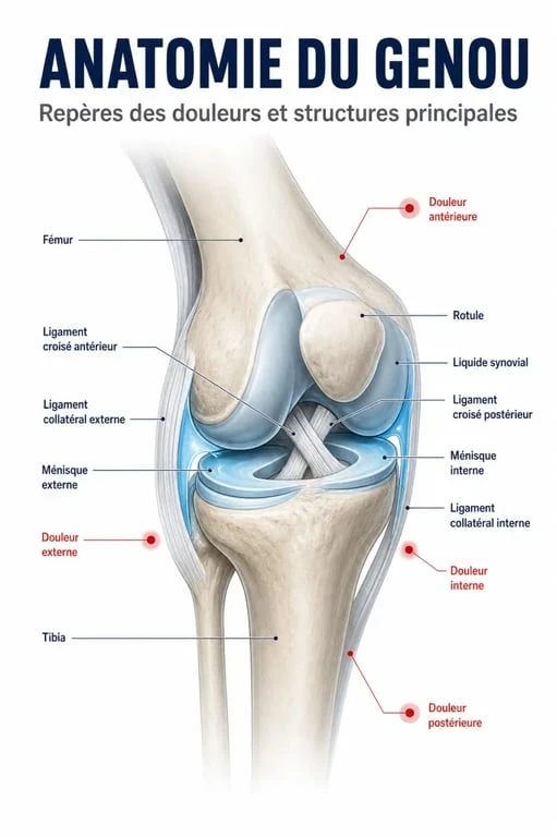 Schéma du genou qui craque et douleur montrant ménisque, rotule, ligaments et zones douloureuses