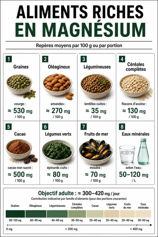Alimentation riche en magnésium : infographie des principaux aliments et de leurs teneurs