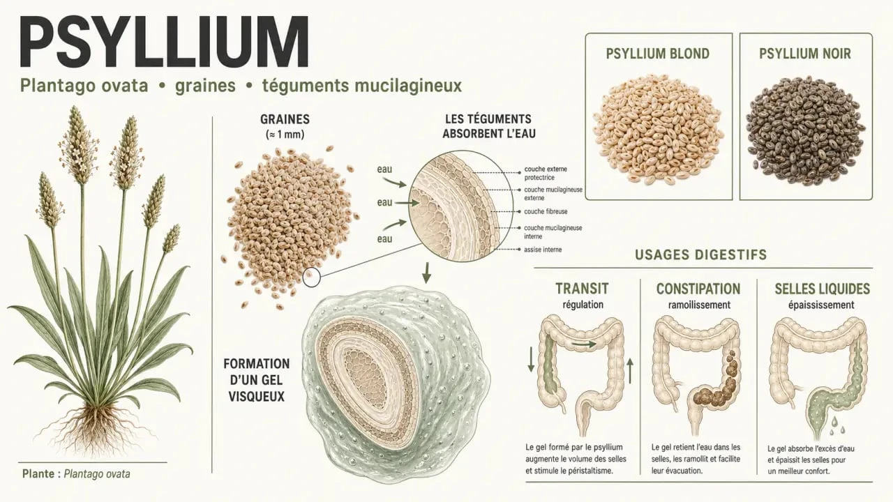 Psyllium c est quoi : schéma scientifique de la plante, des téguments et de son gel digestif