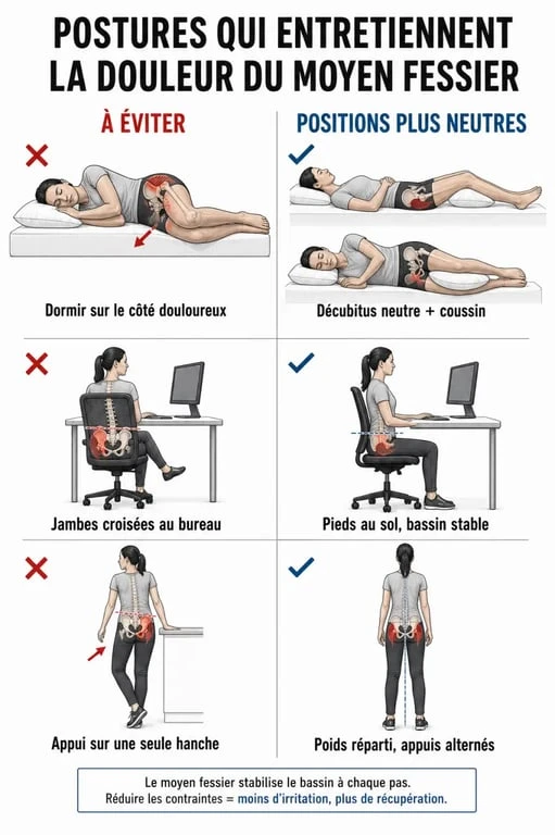 Tendinite moyen fessier exercices : postures à éviter au quotidien